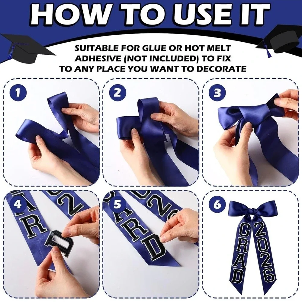 Graduation 41in Hair Bow Ribbon Unisex Navy Blue Grad 2026 DIY Satin